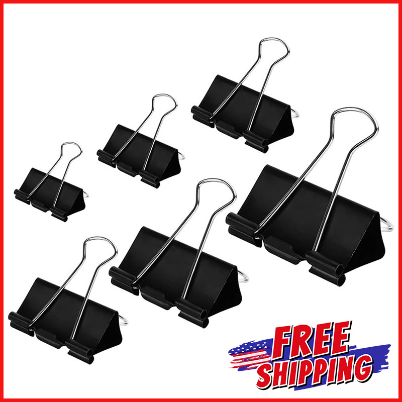 ASSORTED SIZES BLACK BINDER CLIPS Home Office Paper Clamps 6 Sizes 100 Count