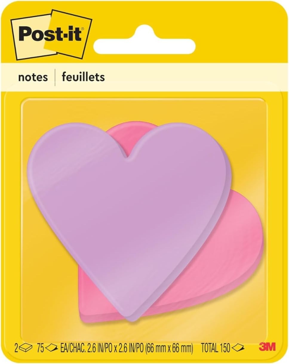 Heart Shaped Post it Notes 3×3 Assorted Pink Purple 2 Pads 75 Sheets Recyclable