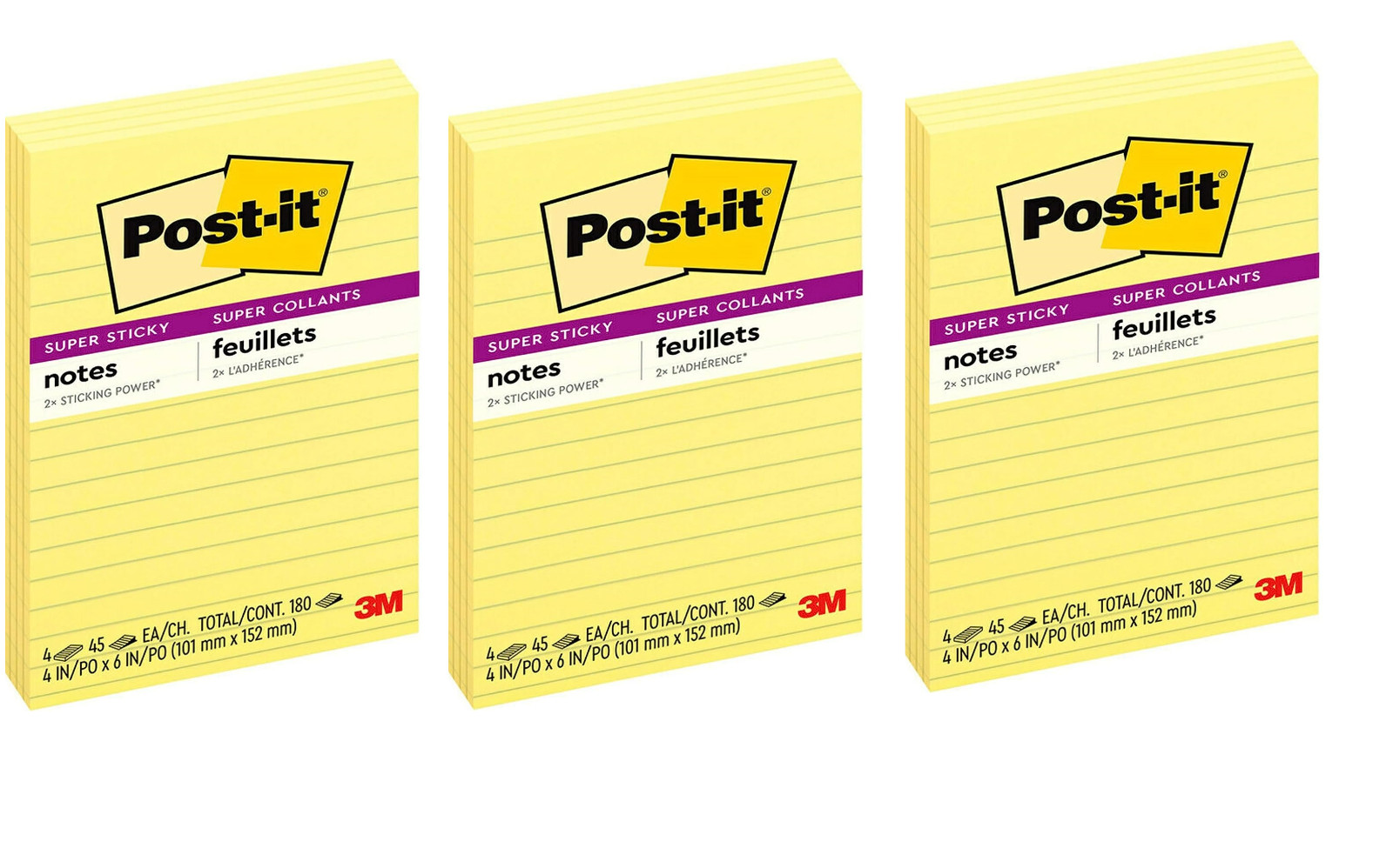 Post it Super Sticky Notes, 2x Sticking Power, 4 in x 6 in, Canary Yellow, 3 PK