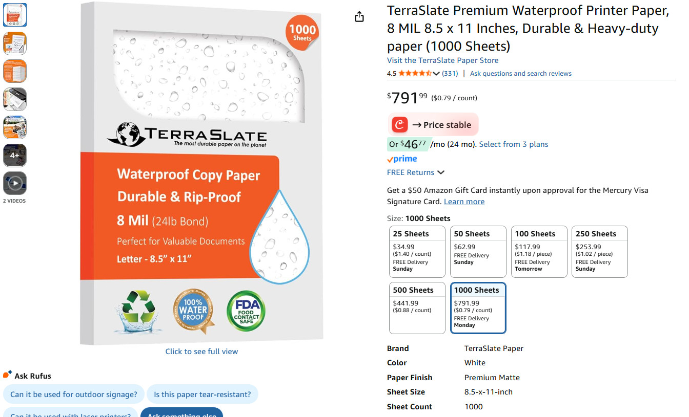 TerraSlate (1000 Sheets) Premium Weatherproof Printer Paper 8.5 x 11 In Letter