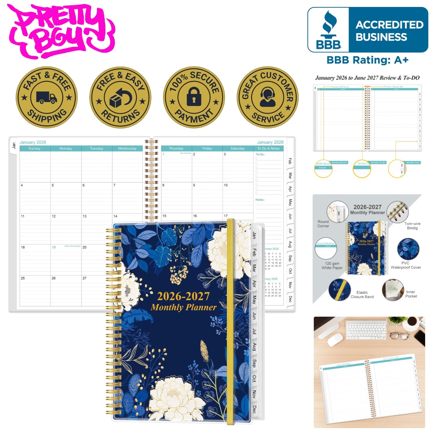 Professional 2026-2027 Calendar Planner with Inner Pocket & Laminated Tabs