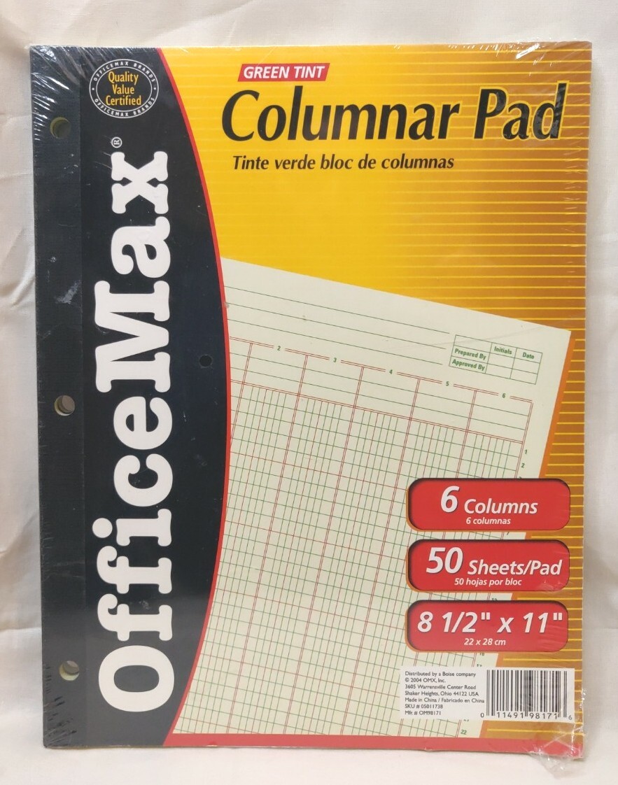 Office Max Green Tint Columnar Pads (2 Ct) 8.5″x11″ 6 Columns 50 Sheets/Pad~NEW!