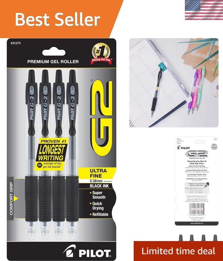 G2 Gel Roller Pens, Ultra Fine Point Gel Pens 0.38 mm, Pack of 4, Black