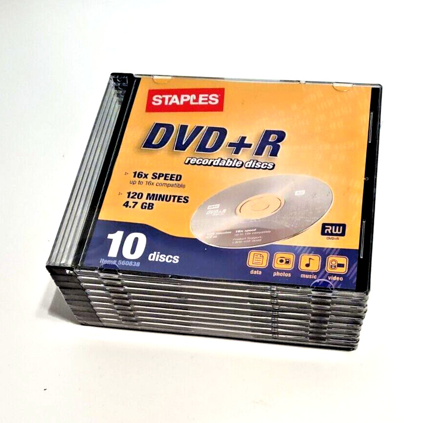 DVD+R STAPLES Recordable Discs 10 pack 16x 120 min 4.7 GB Data Photo Music Video