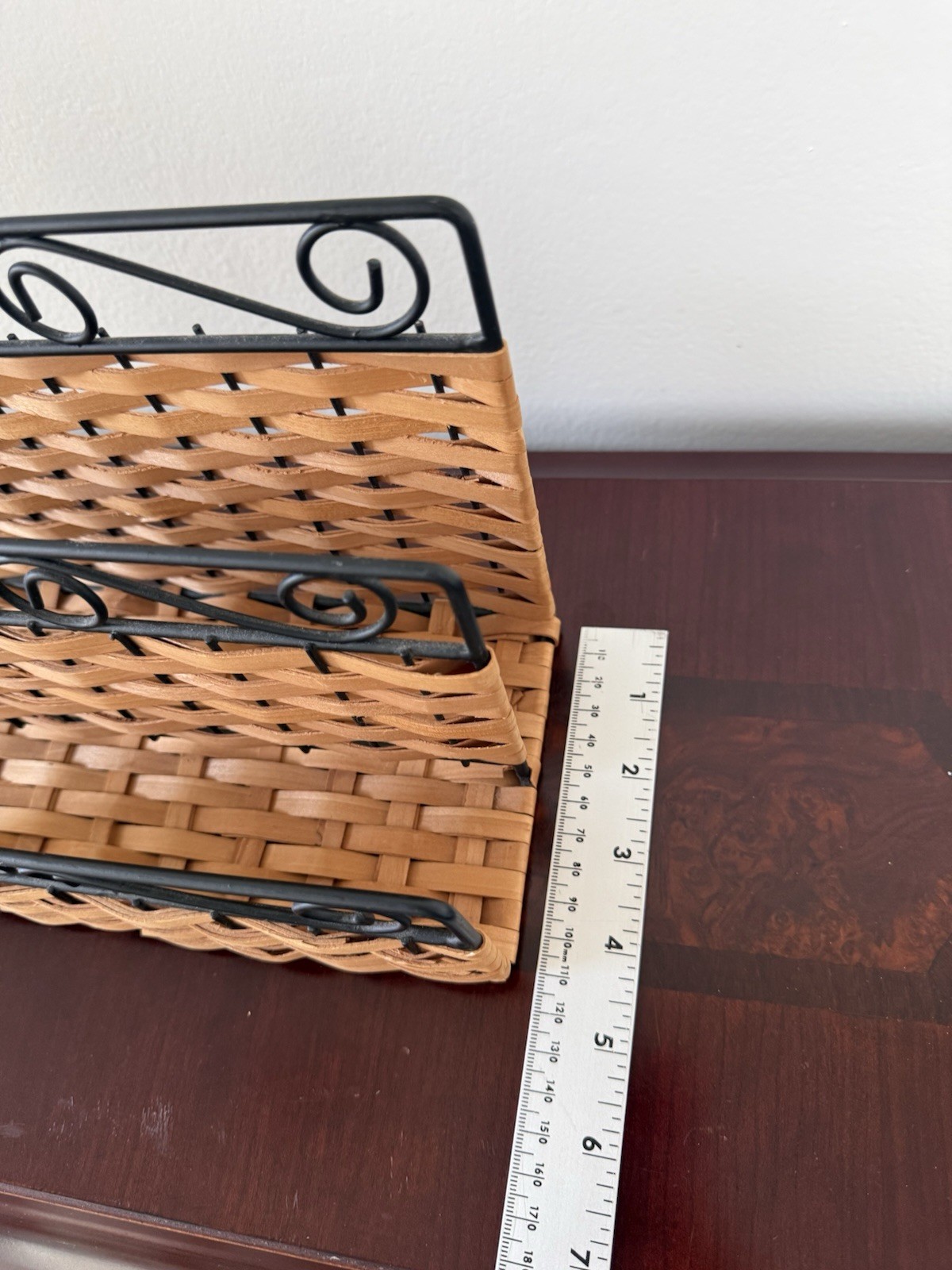 Brown Basket-Weave Wood and Black Scrolled Metal Mail Organizer Unbranded