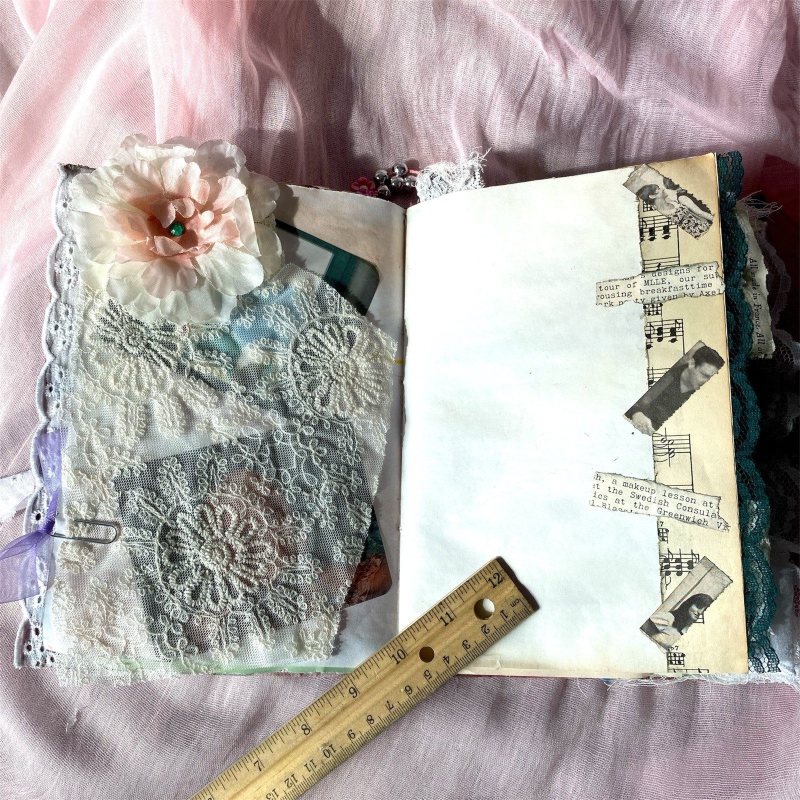 Handmade Vintage Silk Fabric Junk Journal Book Romantic Floral 2 Signatures Lace