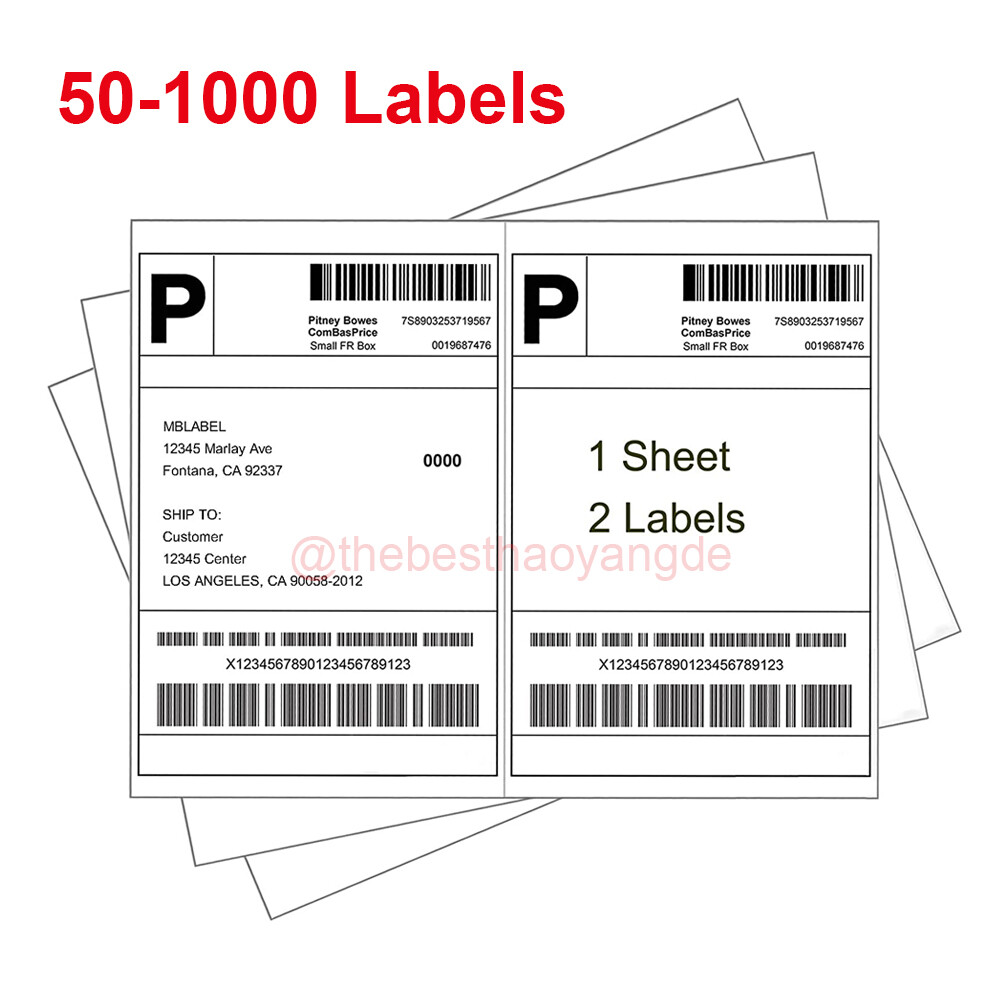 50-1000 Shipping Label 8.5 x 5.5 Half Sheet 2 Per Sheet Self Adhesive Labels US