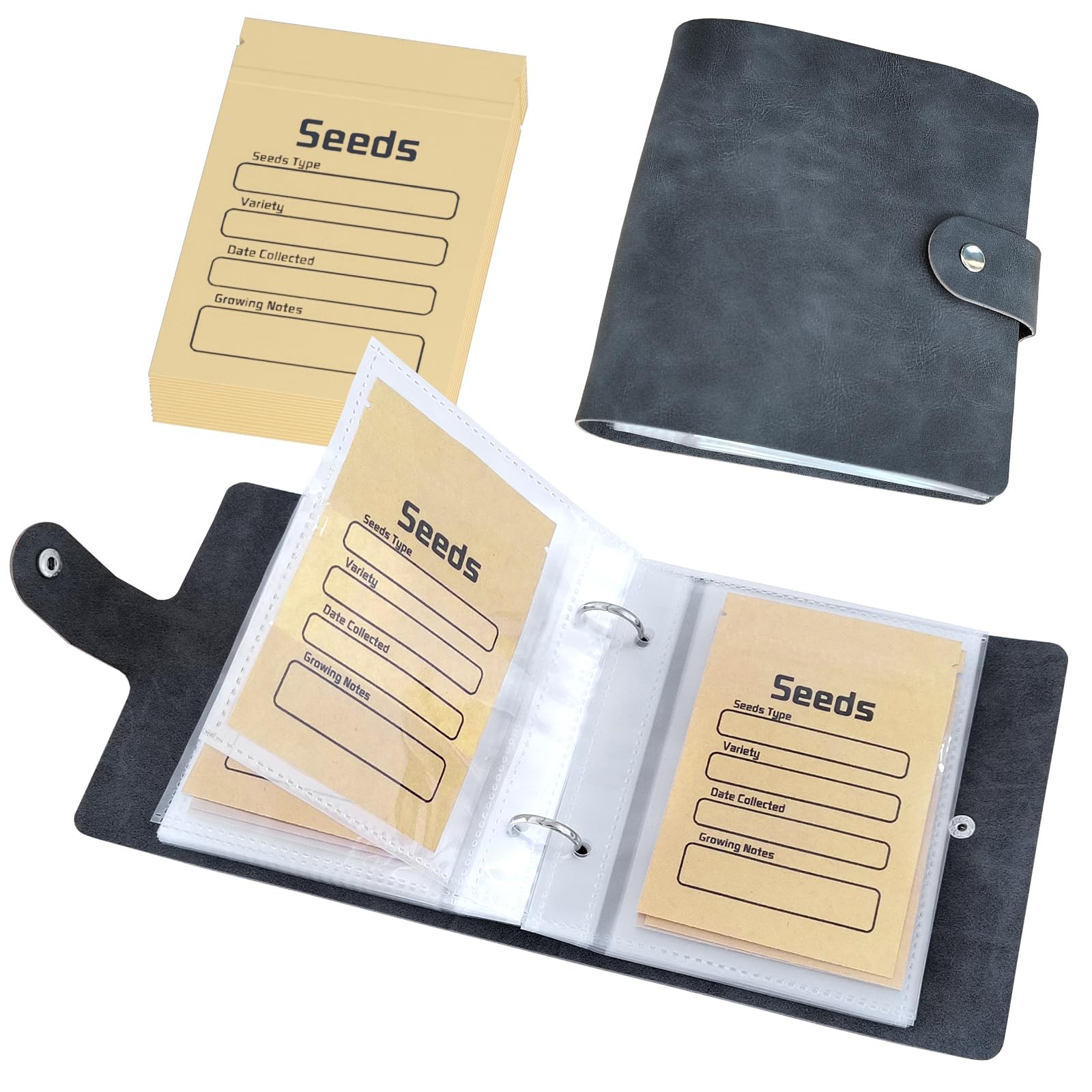 Seed Organizer Binder with 50 Pcs Resealable Seed Envelopes, 50 Storage Pockets