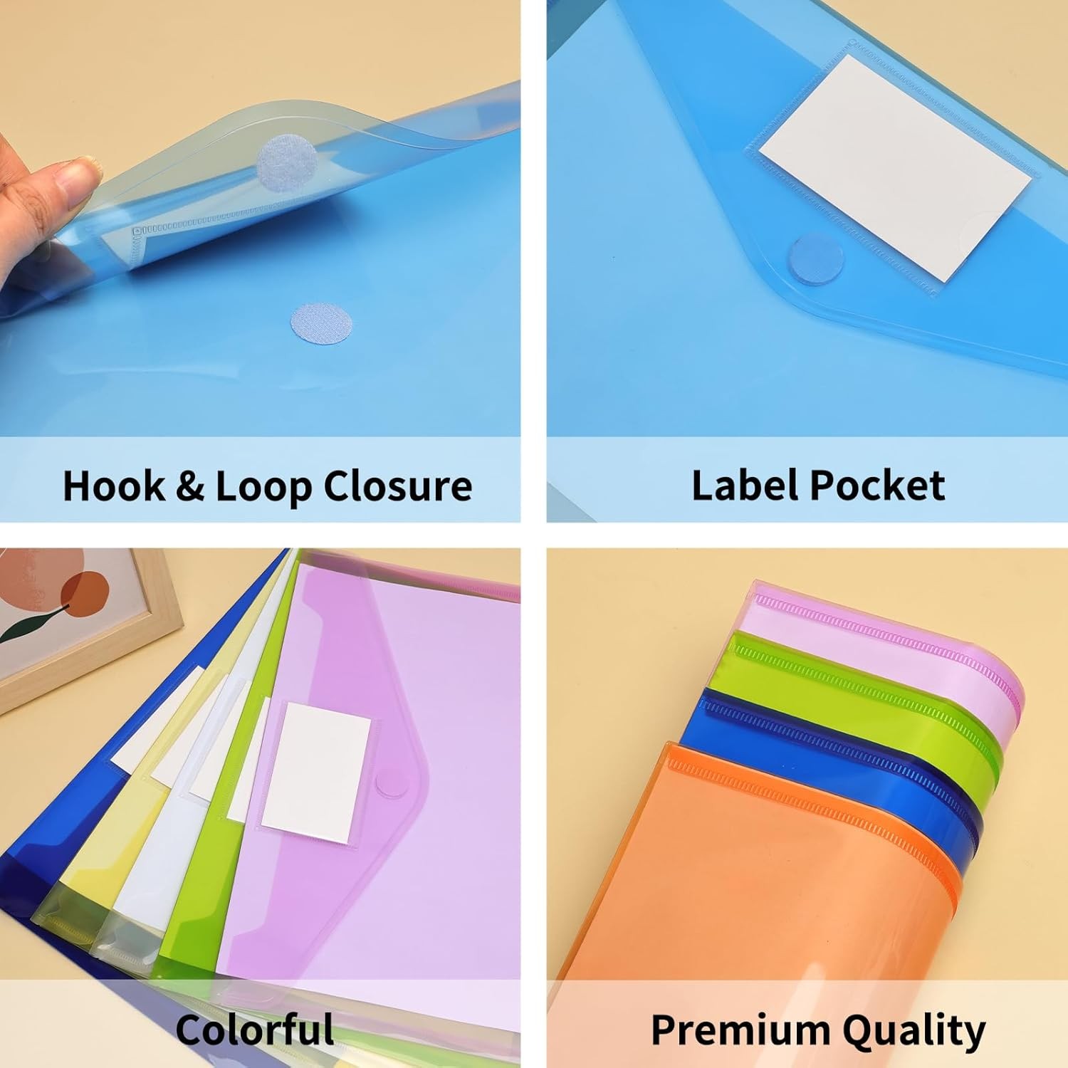 EOOUT 30 Pack 10 Color Plastic Envelopes Hook Loop Closure A4