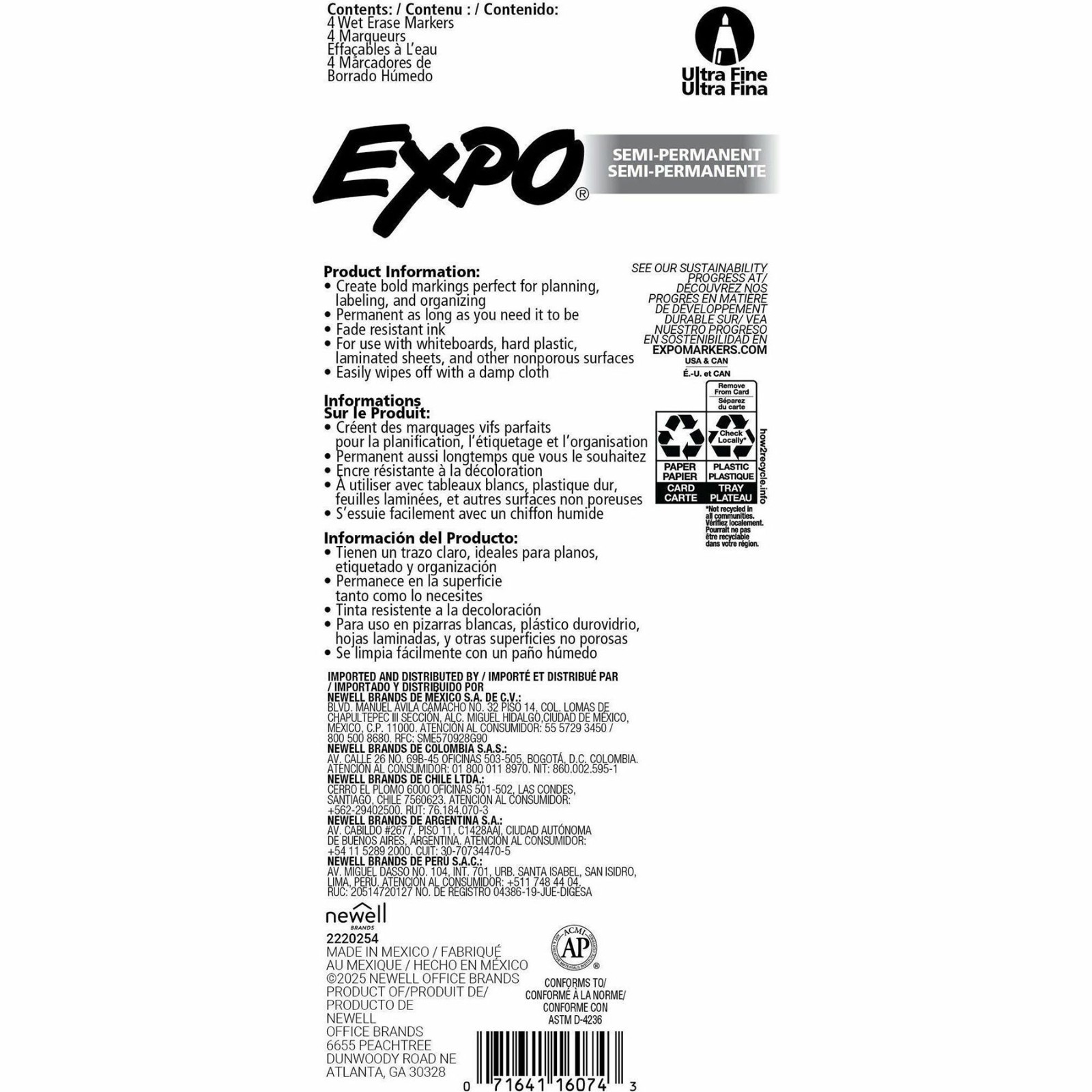 EXPO Wet Erase Markers 2134341A, 4-Color Set, Ultra Fine Tip