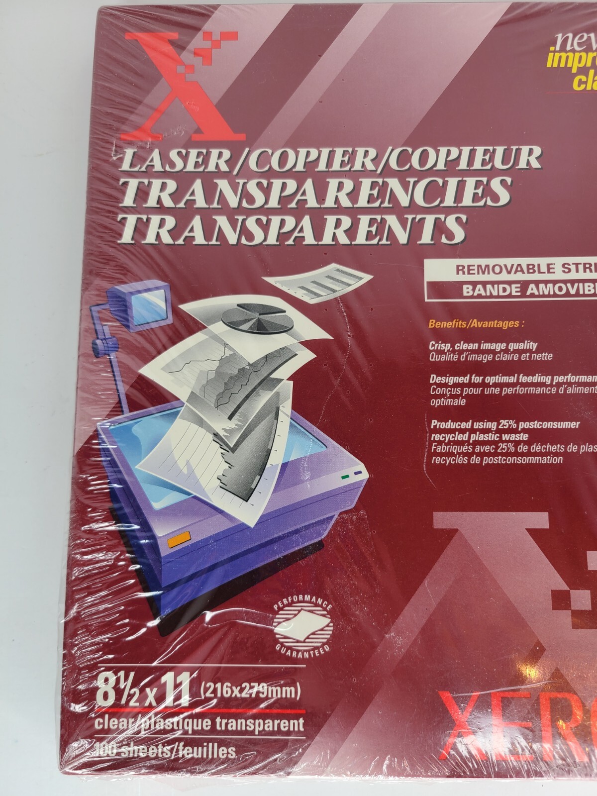 Xerox Laser Transparencies 8 1/2 X 11 100 Sheets Clear Removable Stripe NEW