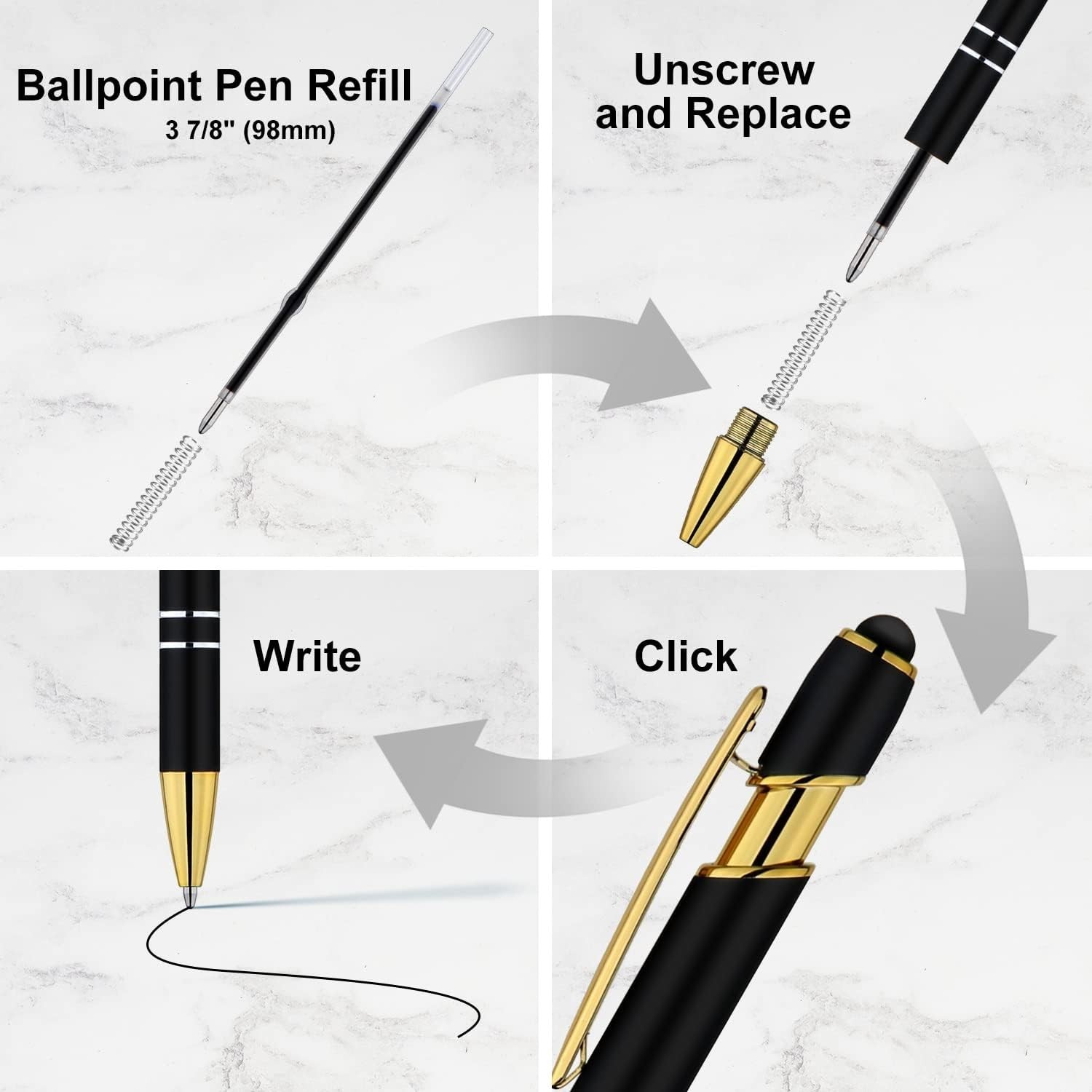 12 Pack Black Gold Ballpoint Pen with Stylus Tip, 1.0 Mm Black Ink Smooth Writin
