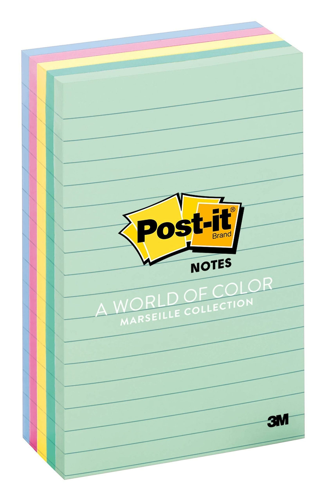 Post-it(R) Notes 4 in x 6 in,Marseille Collection, Lined 5 Pads/Pack, 100 Sheets