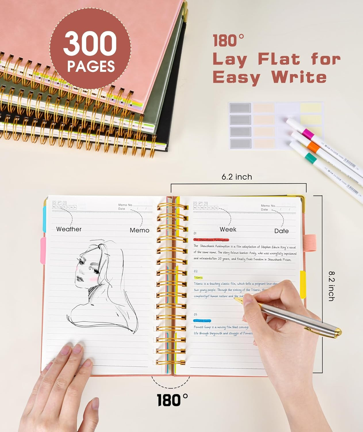 Hardcover Spiral Notebook Journal with Removable Dividers Tabs, 300 Pages Leathe