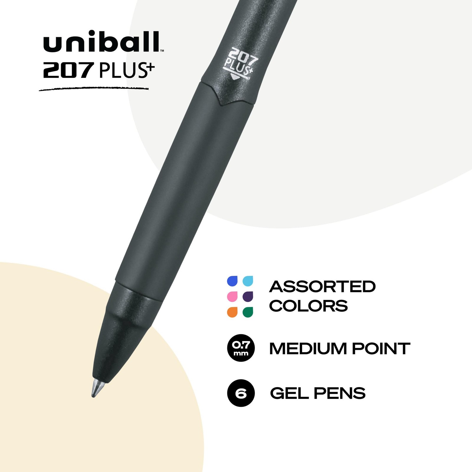 uni-ball 207 Plus+ Retractable Gel Pens 6 Pack in Assorted Colors with 0.7mm Med