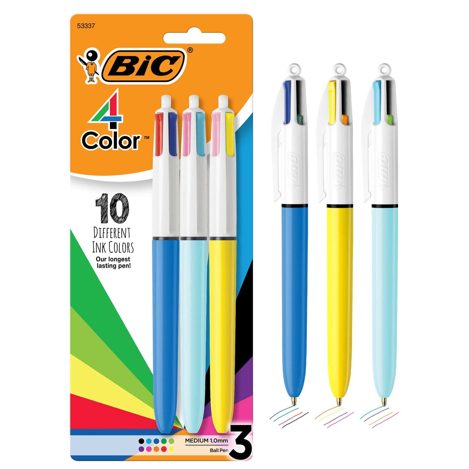 BIC 4-Color Retractable Ballpoint 1 Count (Pack of 3), 10 Assorted Ink Colors
