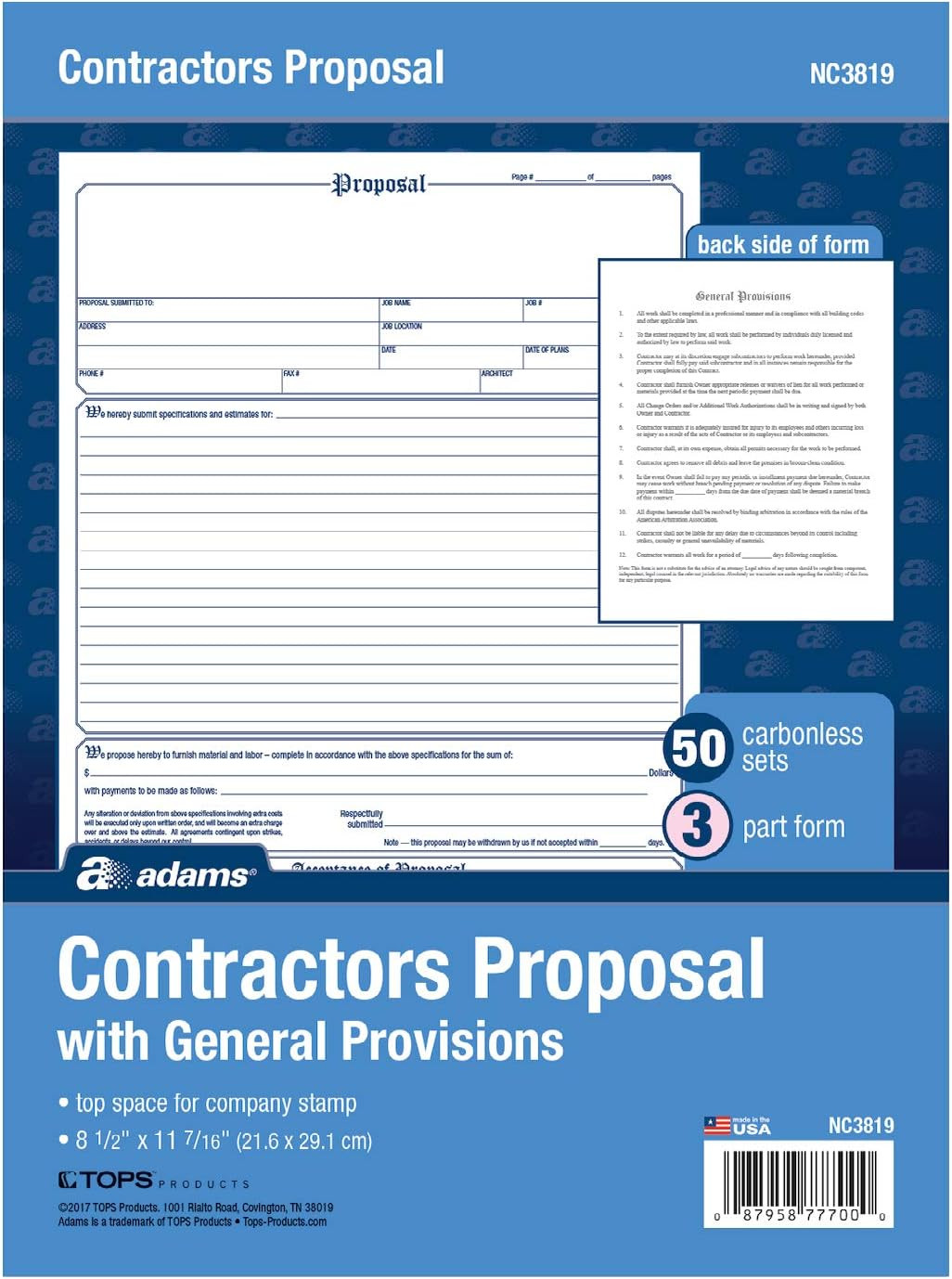 Carbonless Contractor Proposal Forms, 3-Part, 50-Pack, 8.5 x 11.44 Inch