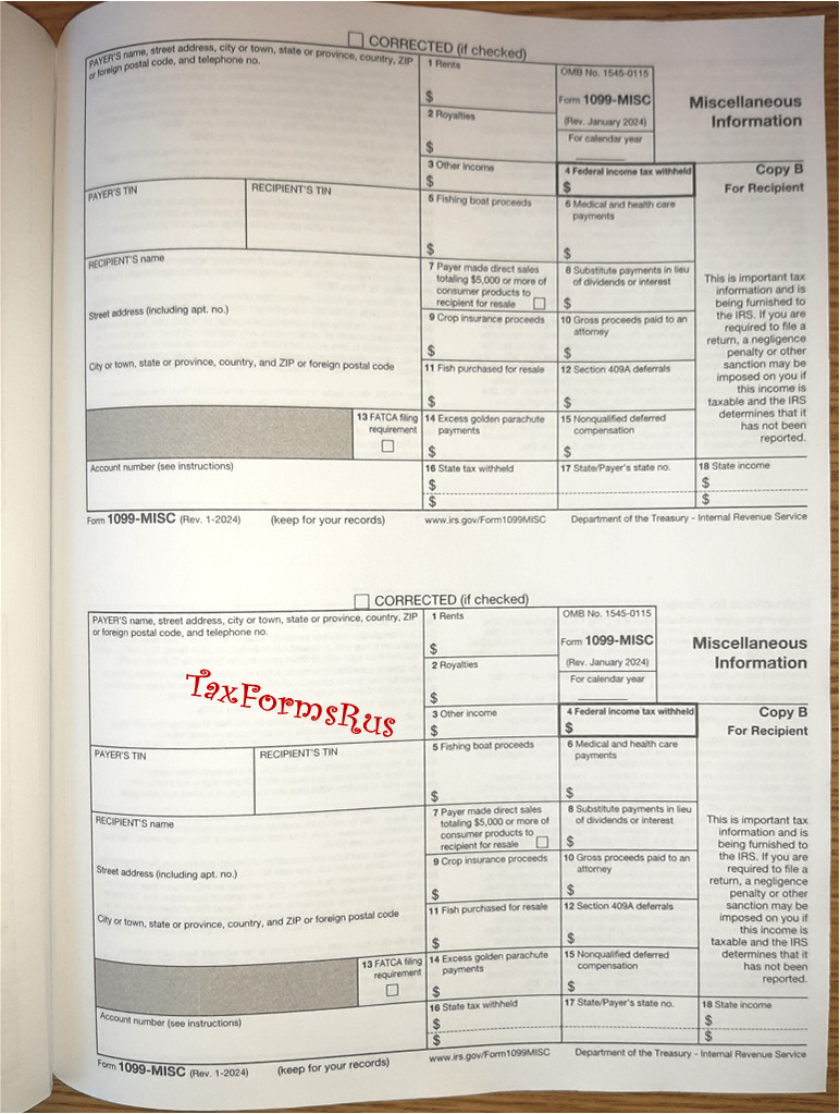2025 IRS Tax Form 1099-MISC for 4 recipients + (1) 1096, NON-Carbonless, NO Env