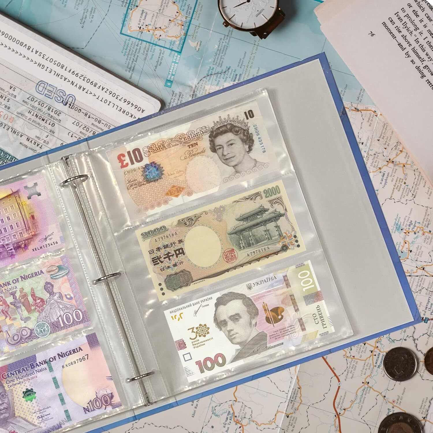 50 Sheets Currency Pages 3 Pockets Paper Money Protectors for 3 Ring Binders
