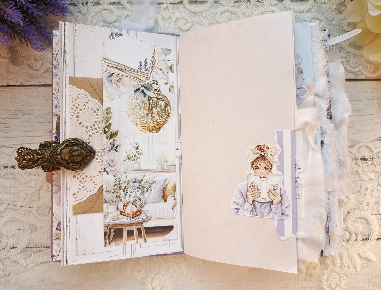 Junk Journal Handmade Lace Purple Lavender Notebook Decorated USA 8×4 in