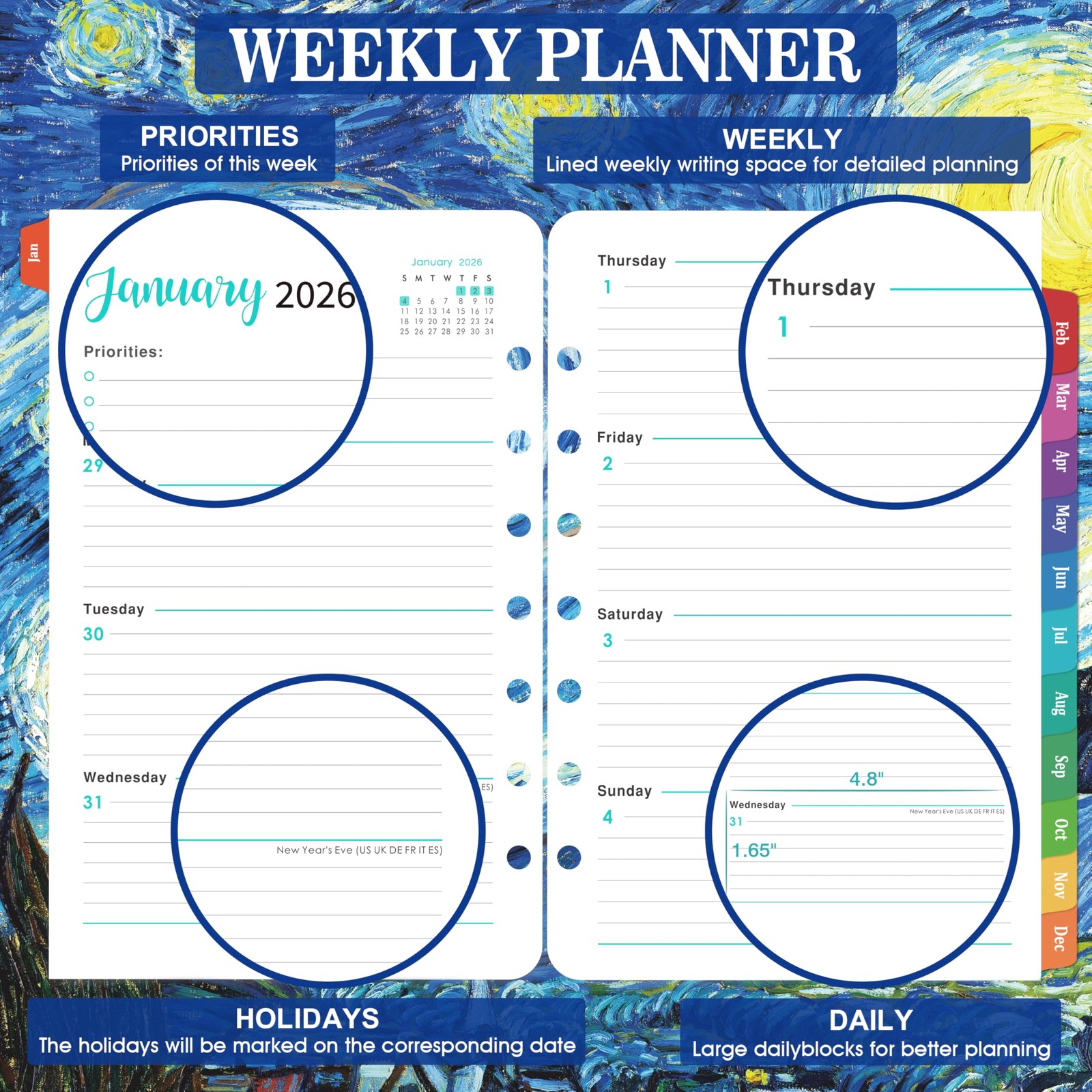 2026 Planner Refills – Jan. 2026 – Dec. 2026, 7 Holes, 5.5 inches, black