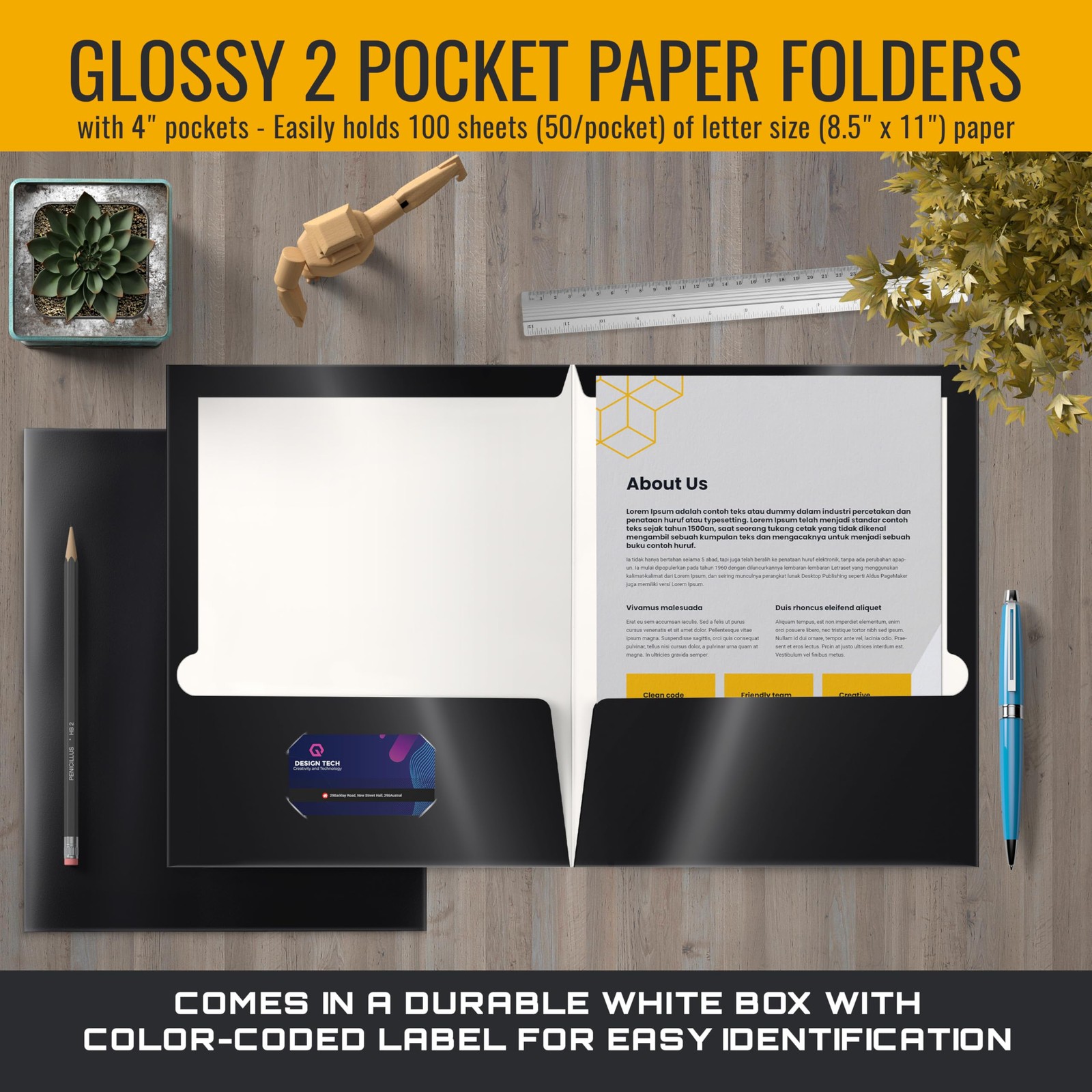Better Office Products 2 Pocket Glossy Laminated Black Letter Size,