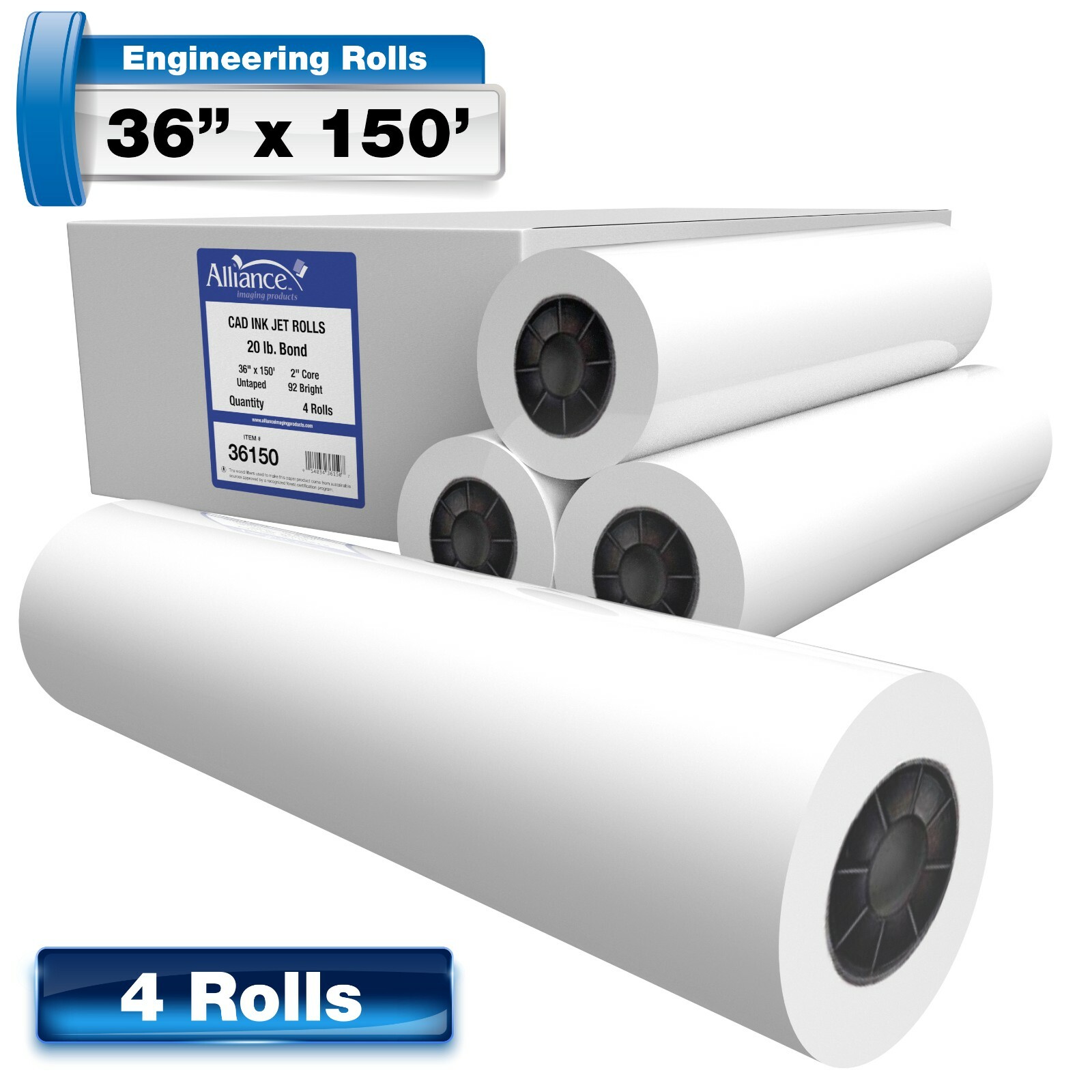 Alliance Wide Format Paper 36″x150’x2″, CAD Bond Rolls 92 Bright, 20lb. 4 Rls