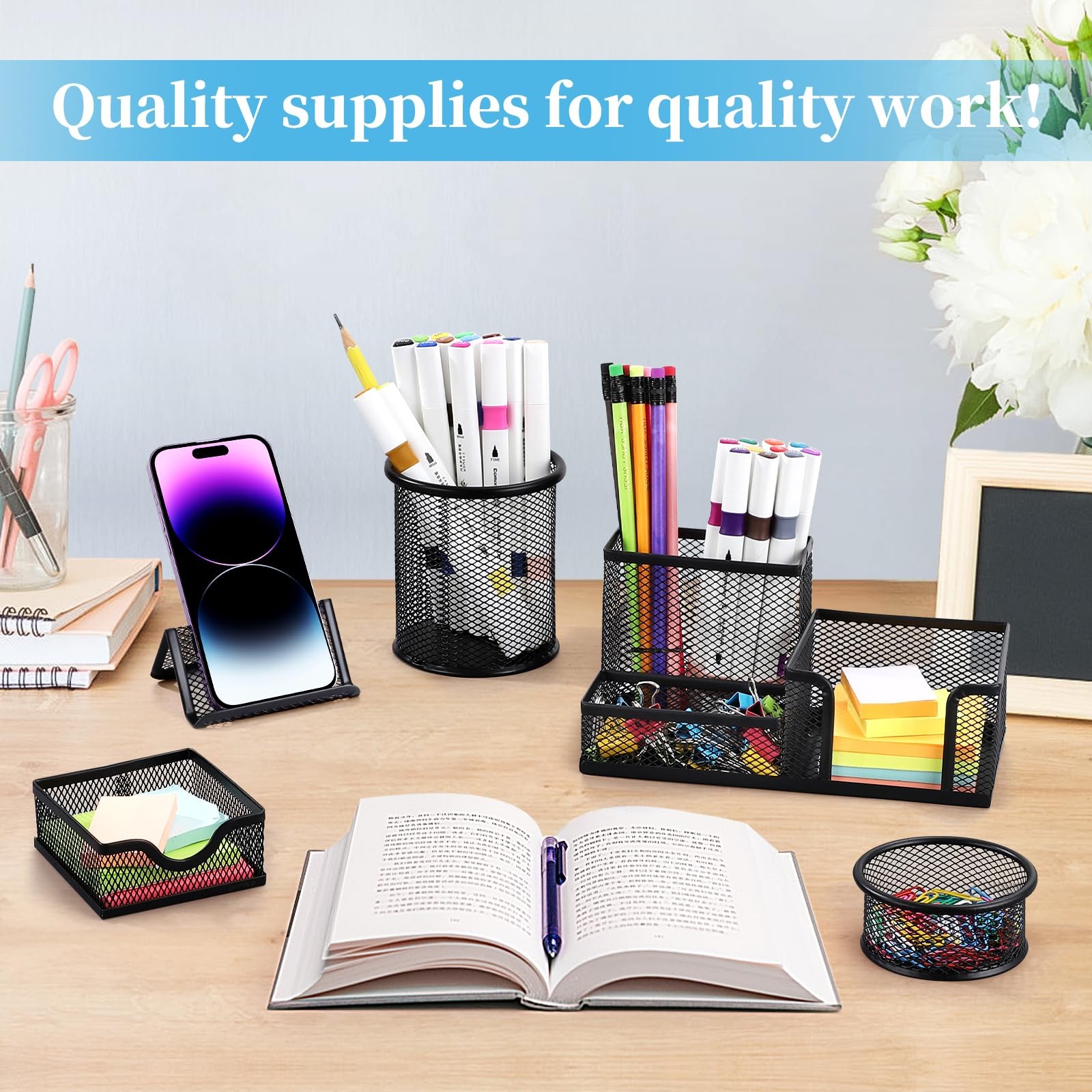 Byjoph Mesh Pen Holder for Desk Pencil Holders 5 Pieces Organizer black