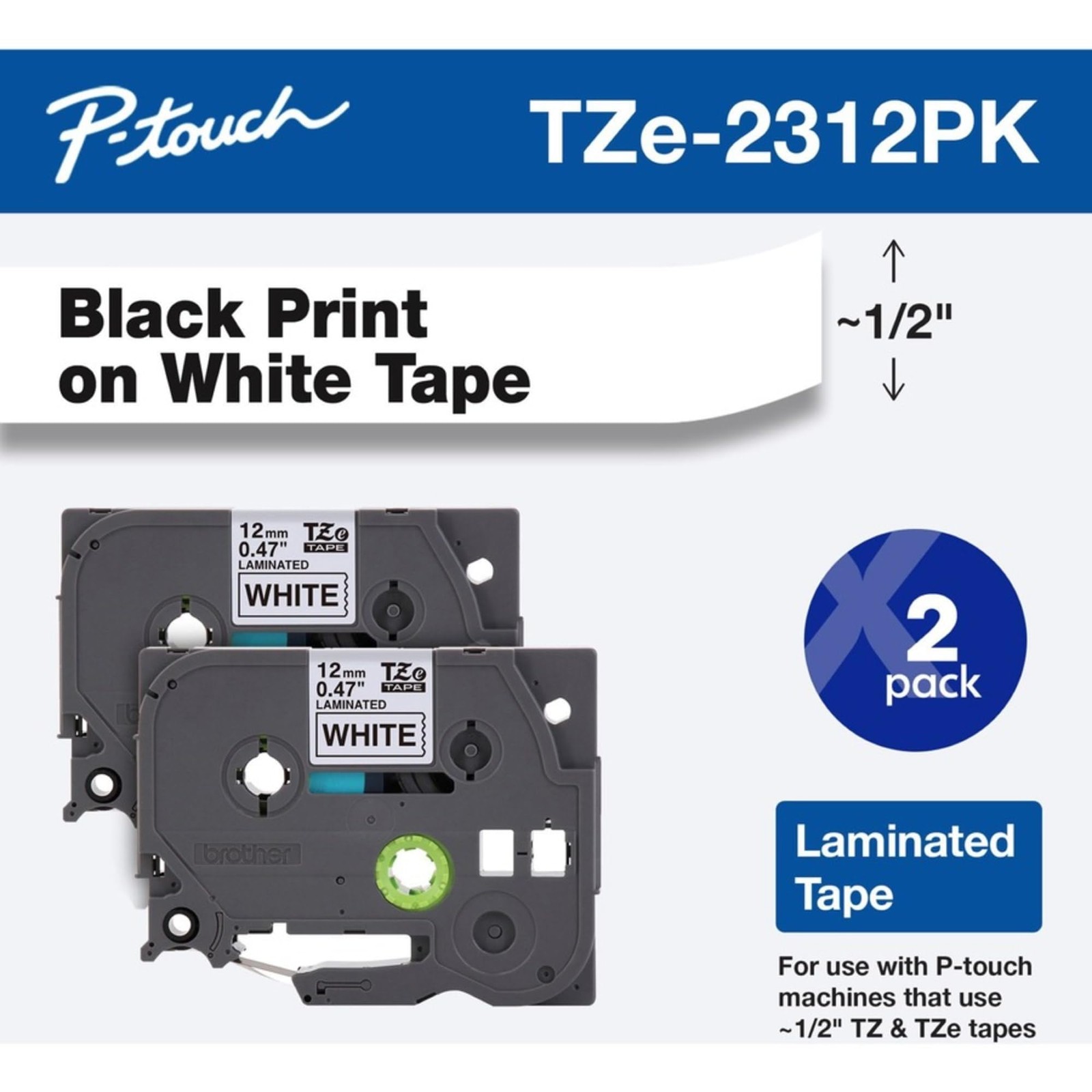 Genuine P-Touch, TZe-231 2 Pack Tape (TZE2312PK) ½”(0.47”) x 26.2 ft. (8m) La…