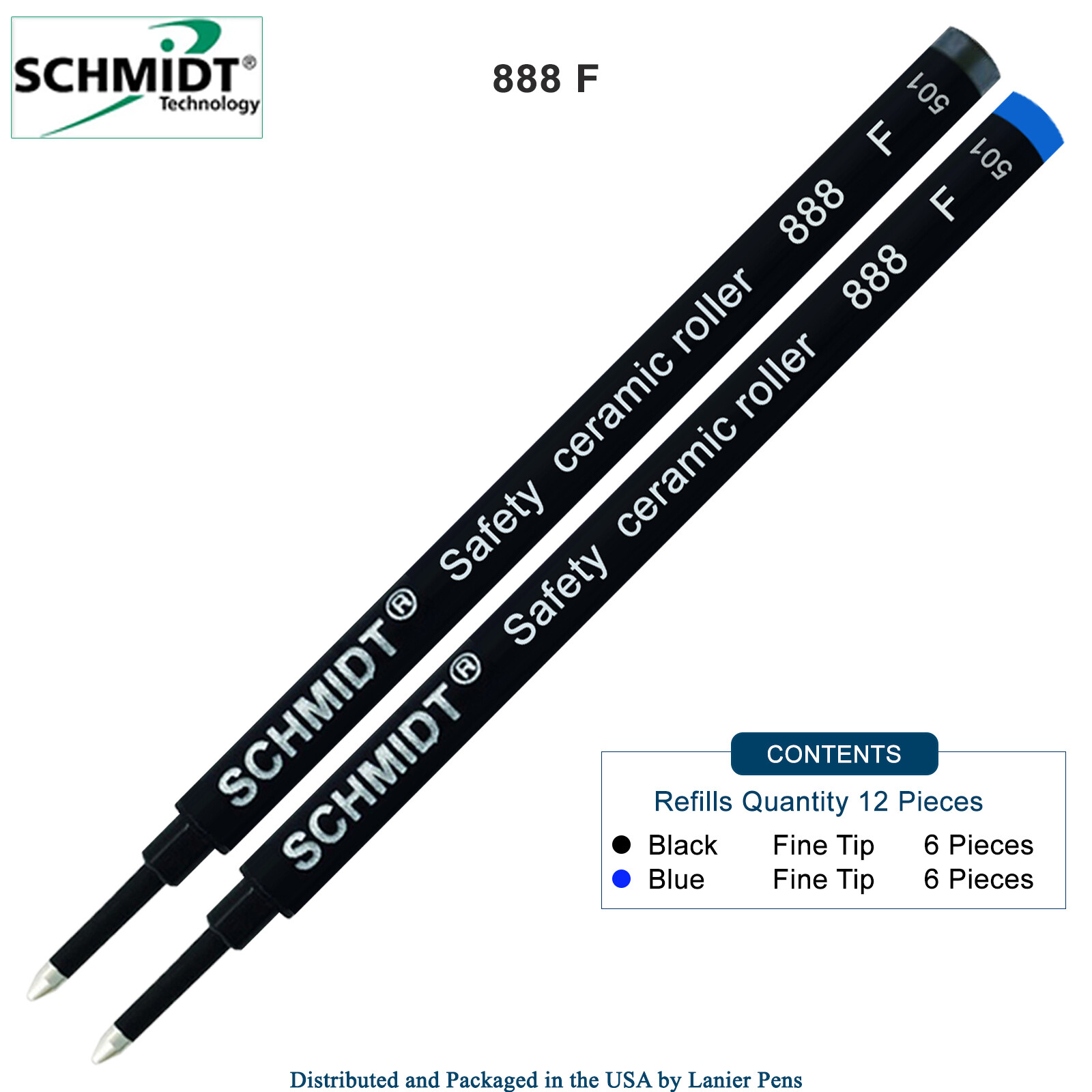 12X Schmidt 888 F Safety Ceramic Rollerball Refill Black/Blue Ink Fine Tip