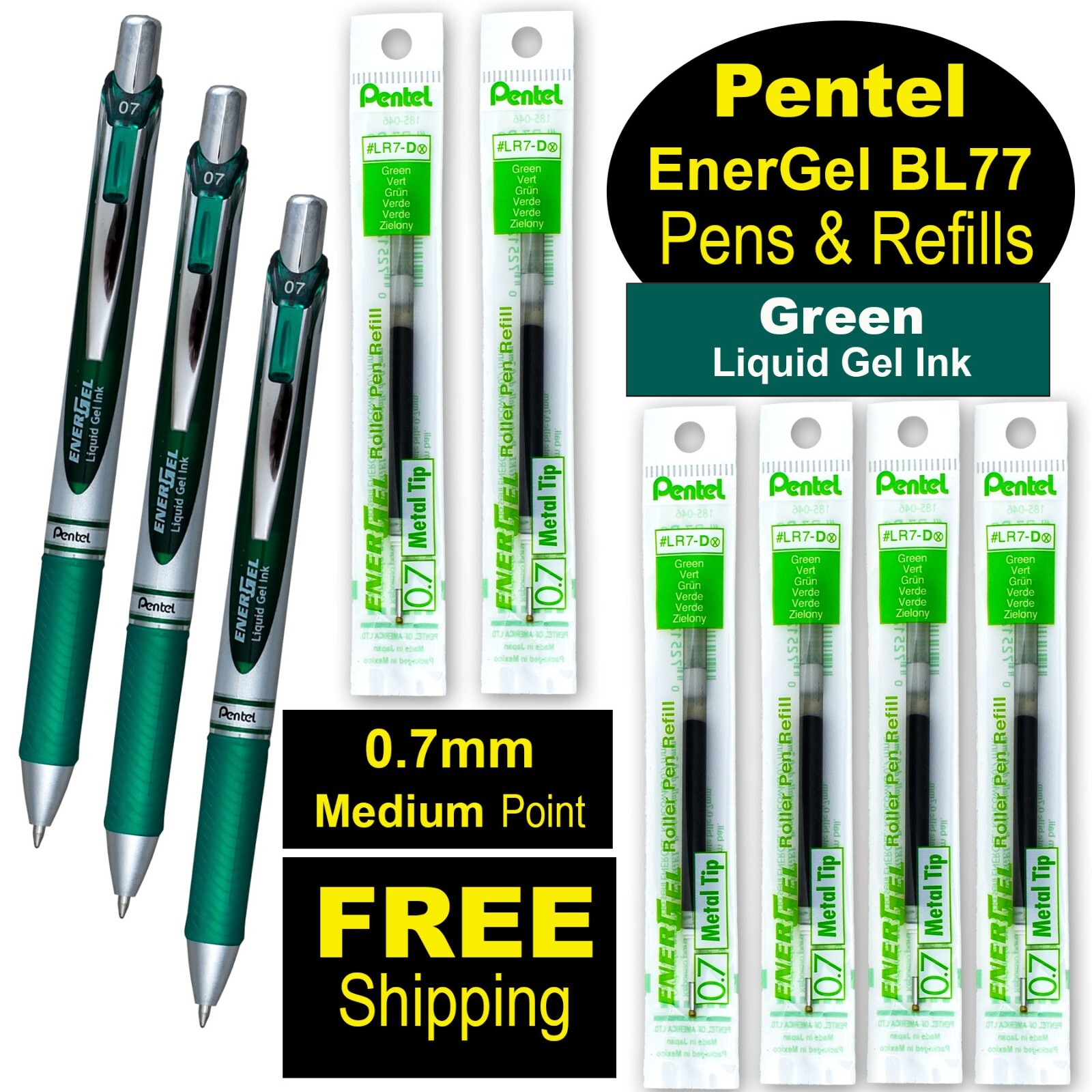 Pentel EnerGel RTX Green Liquid Gel Ink, 0.7mm, 3 Pens with 6 Packs of Refills
