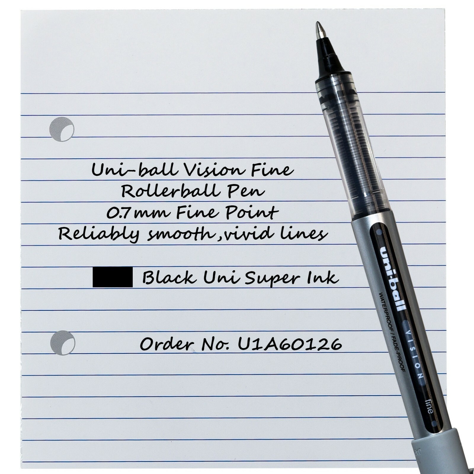 Uni-ball Vision Fine 60126 Black Ink 0.7mm Rollerball Pen, Box of 12 Pens