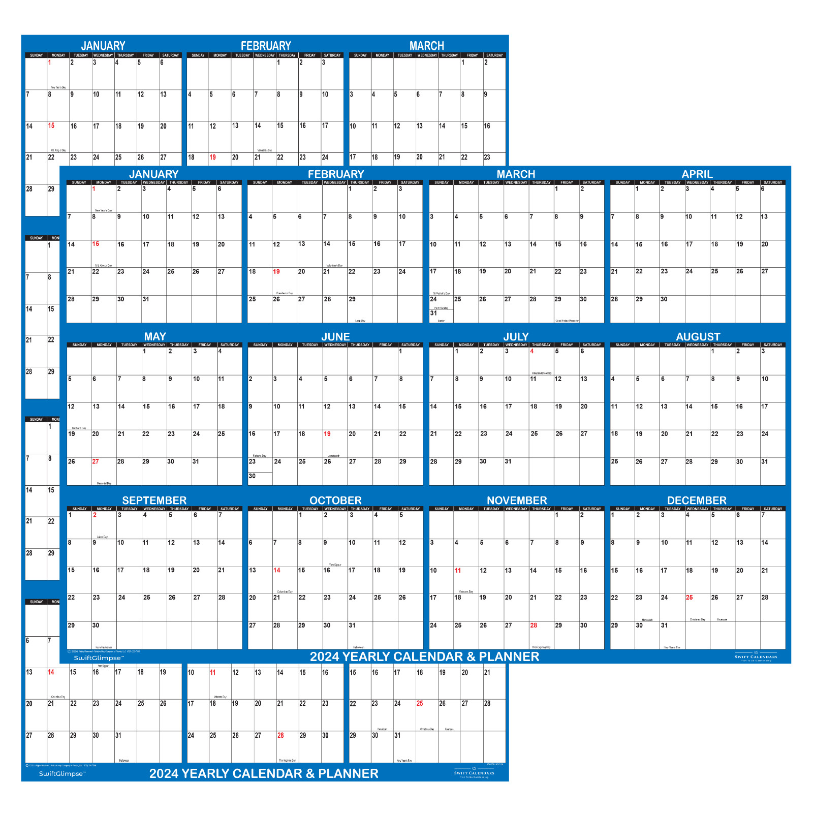 24×36 SwiftGlimpse 2024 Large Wall Calendar, Paper Folded, Yearly Planner – NAVY