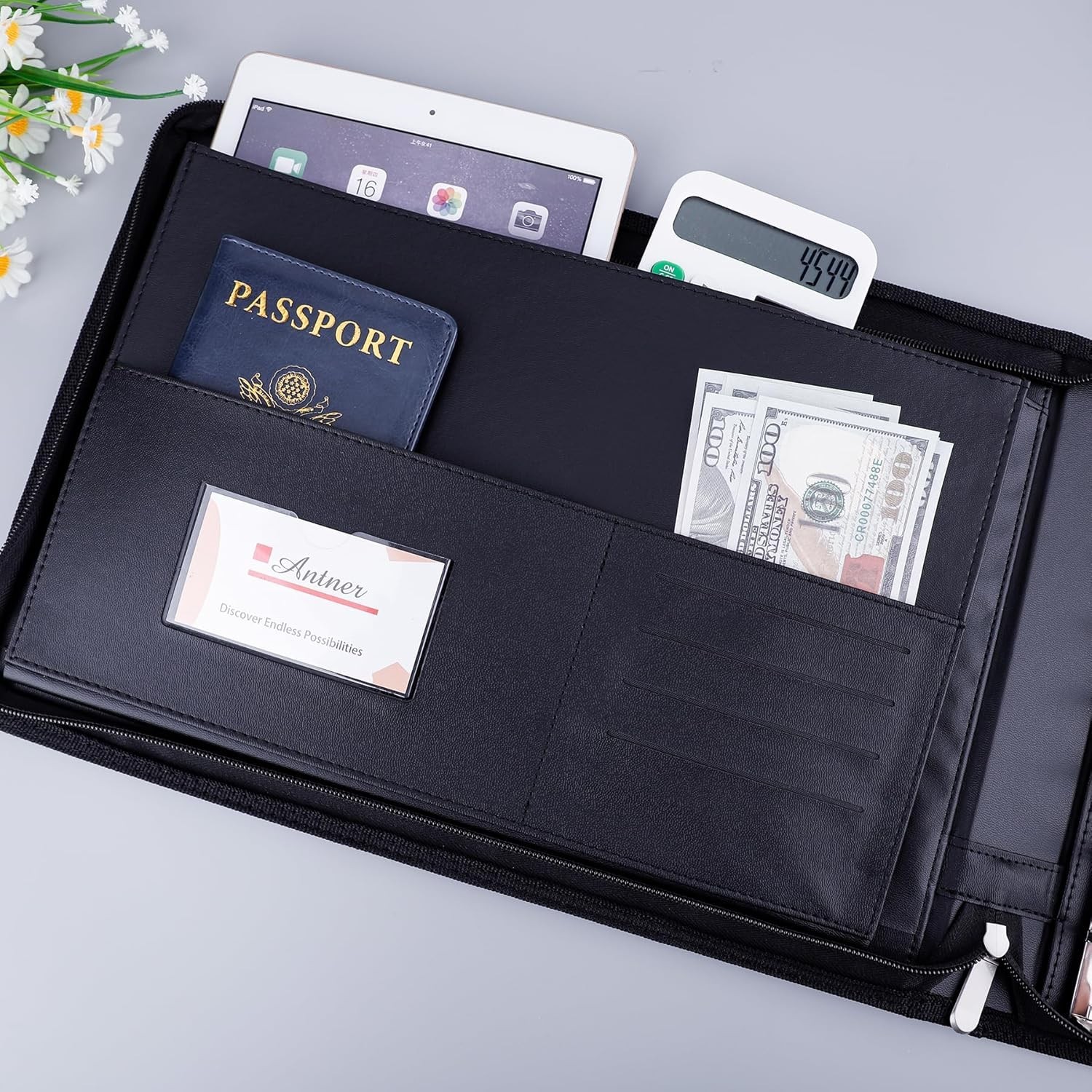 Zippered 7 Ring Business Checkbook Binder Portfolio for 3-On-A-Page Business Che