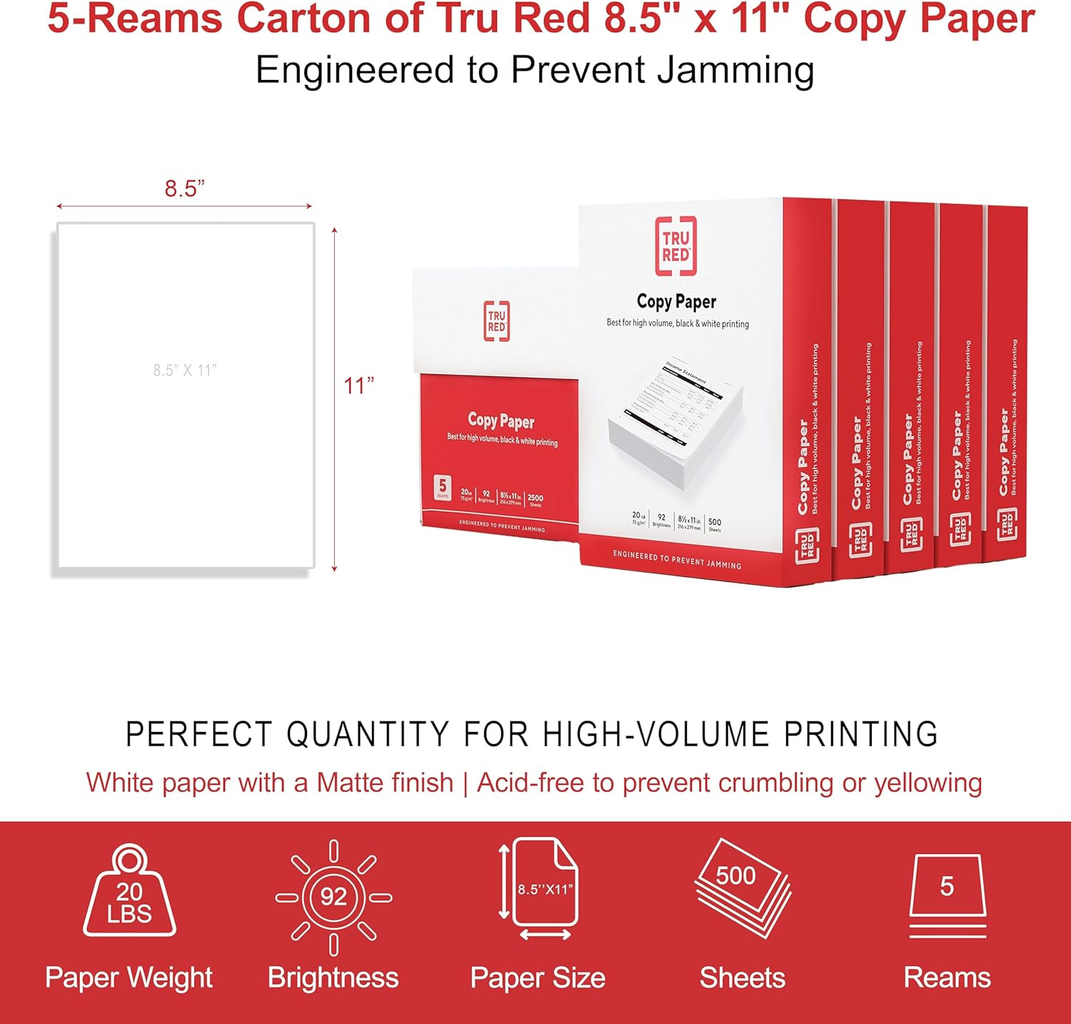 TRU RED Copy Paper, 8.5″ X 11″ Sheet Size, 92 Brightness, 20 Lbs., Matte Finish