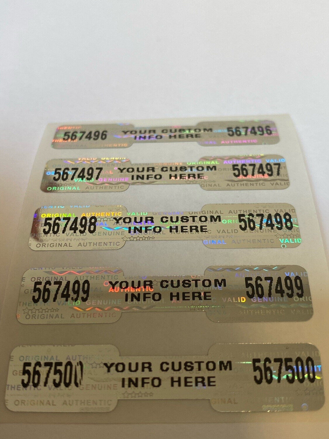 100 CUSTOM PRINTED HOLOGRAM DOGBONE SECURITY VOID LABELS STICKERS SEALS