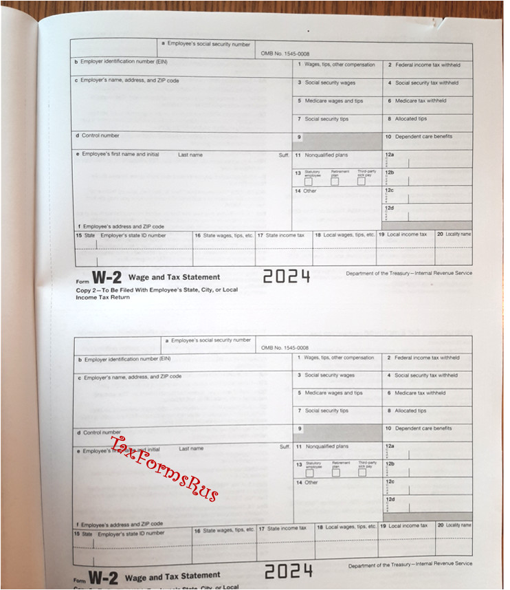 2024 IRS Tax Forms W-2 Wage Stmts for 4 employees NON-Carbonless +(1) W3, NO Env