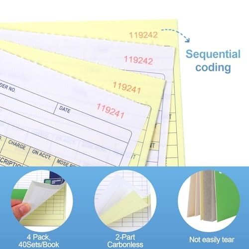 4 Pack Receipt Book, 4.17inx7.2in Receipt Book with Carbon Copies, 2-Part …
