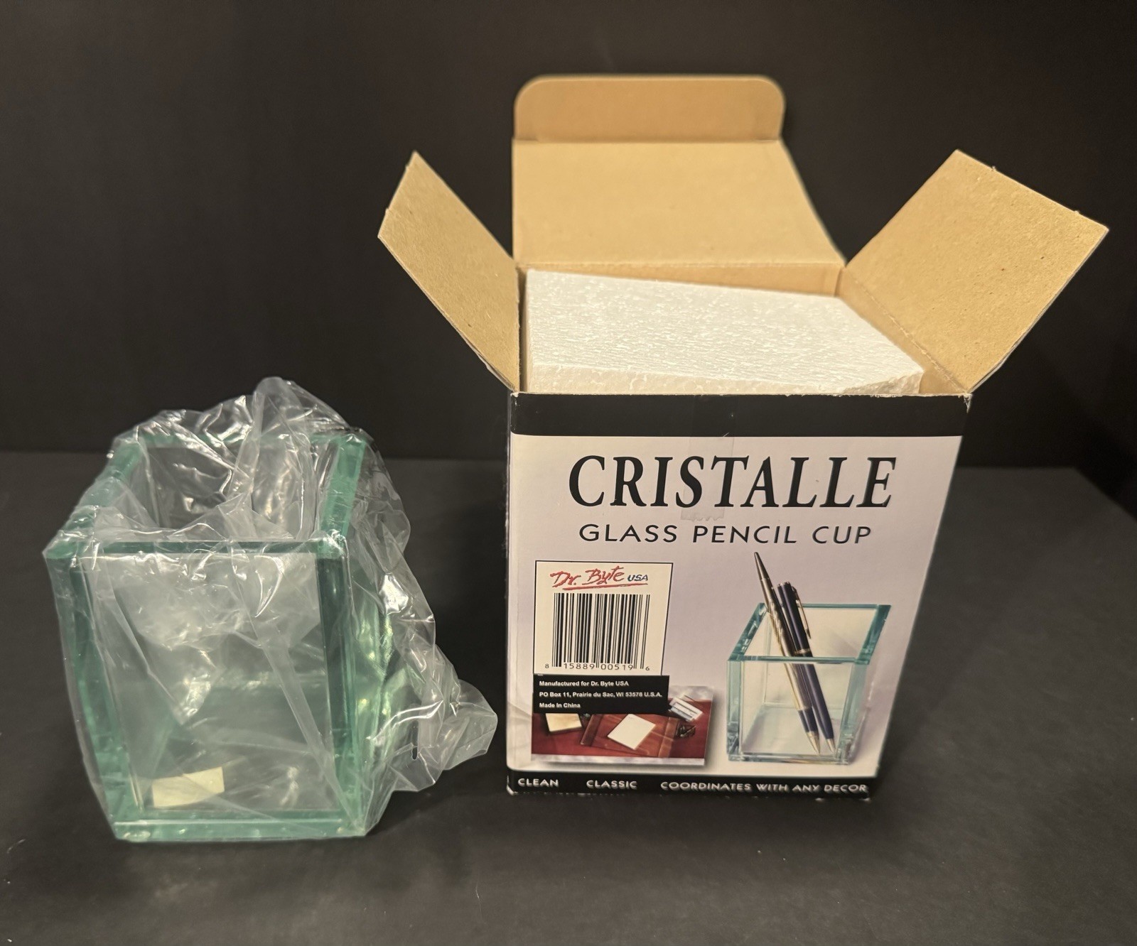 CRISTALLE Glass Pencil Cup ~Pens or Pencils Square Clear Holder~ New in Box