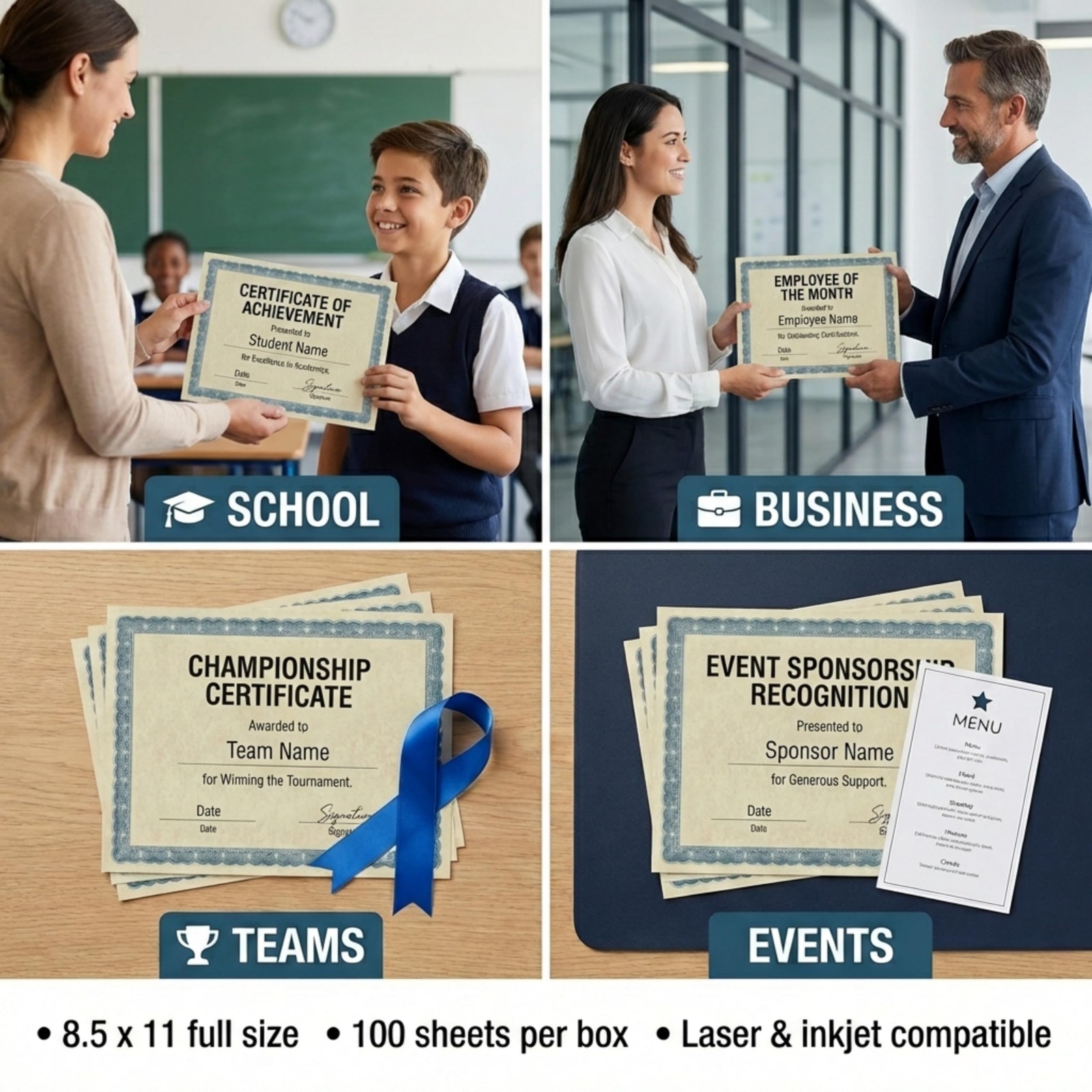 Blue Standard Certificates, 100 Sheets, 8.5″ X 11″, 28 Lb Parchment Paper