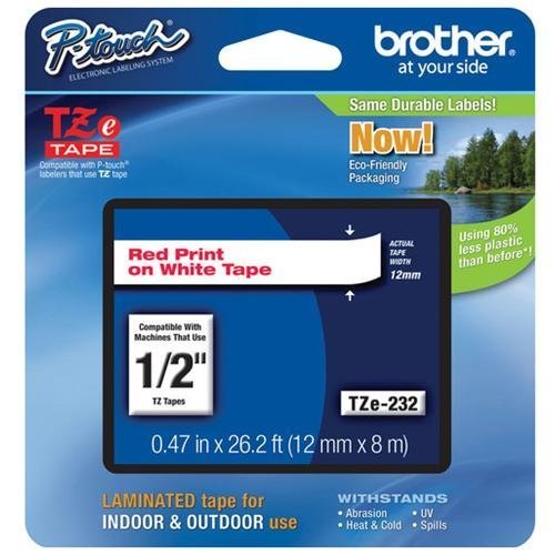Brother TZe232 – 12mm 1/2″ – RED on WHITE – P-Touch TZ tape, Genuine