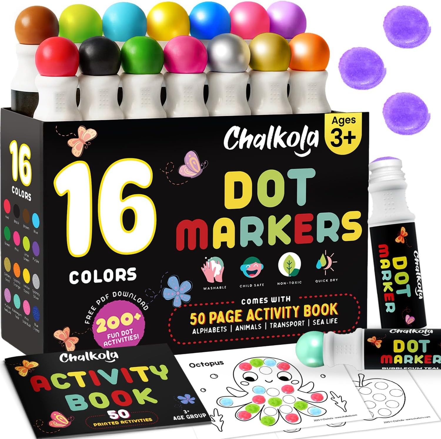16 Washable Dot Markers for Toddlers | w/ 50 Page Coloring Activity Book Kit,