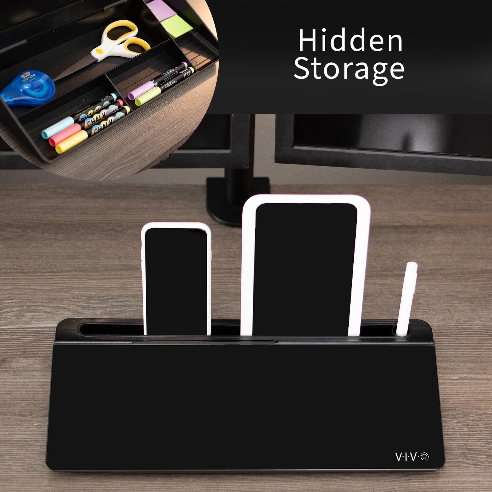 VIVO Black Desktop Dry Erase Board w/ Hidden Storage, 16″ x 7″ Glass Whiteboard