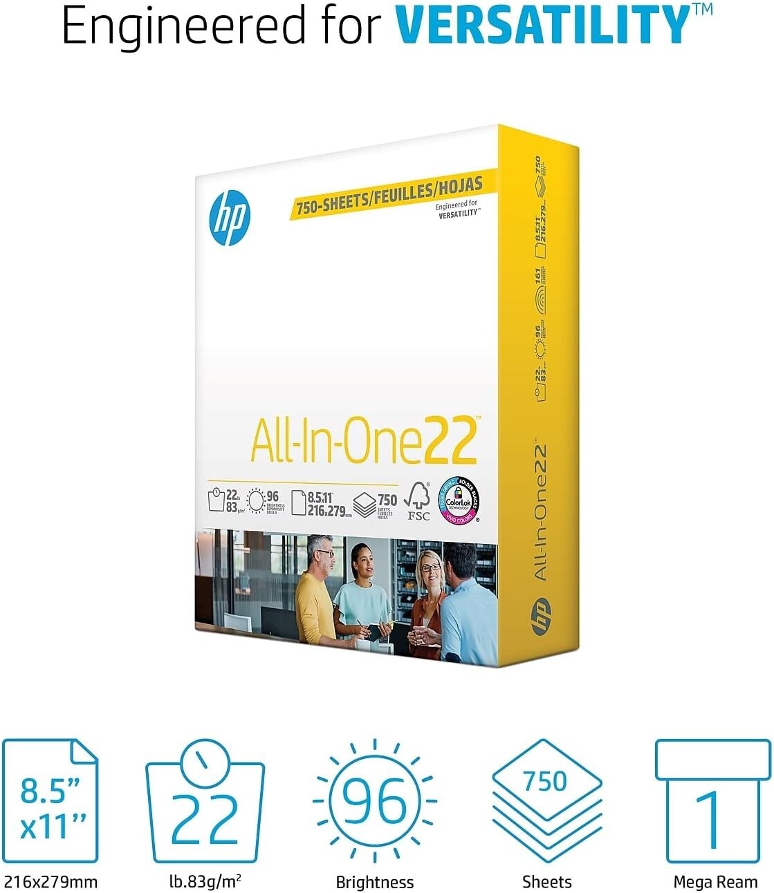 HP Papers | 8.5 x 11 Paper | All In One 22 lb | 1 Mega Ream – 750 Sheets | 96 Br