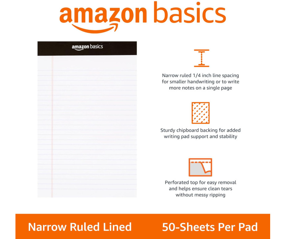 Narrow Ruled Lined Writing Note Pad, 5 Inch X 8 Inch, White, 12 Pack of 50 page