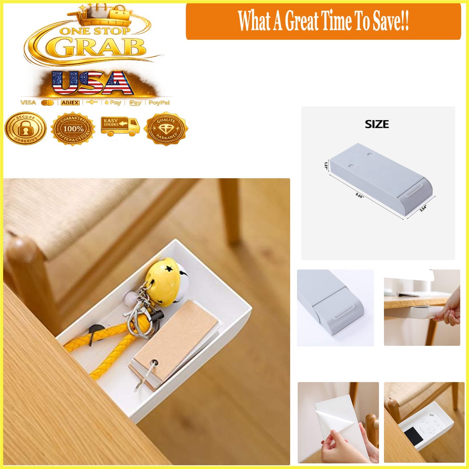 White Under Desk Drawer Organizer Sticky Self-Adhesive Storage Box Office Sch…