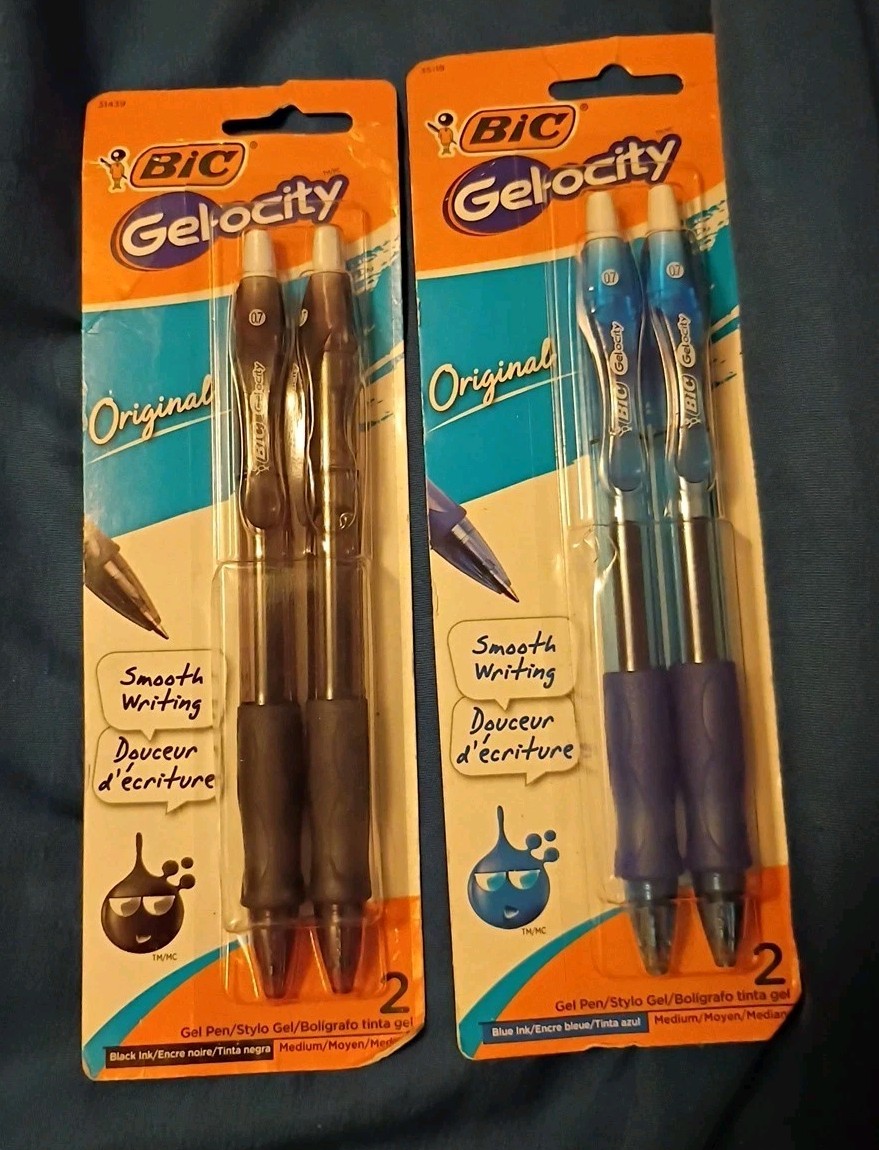 Lot of 2Bic Gel-Ocity Quick Dry Gel Pen 2 Pack Blue and Black Medium Point 35118
