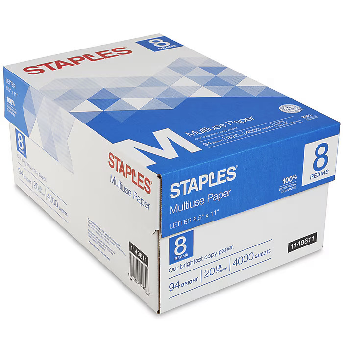 Staples Multiuse Copy Paper 8.5×11 20 lb 94 Bright 4000 Sheets 8 Ream