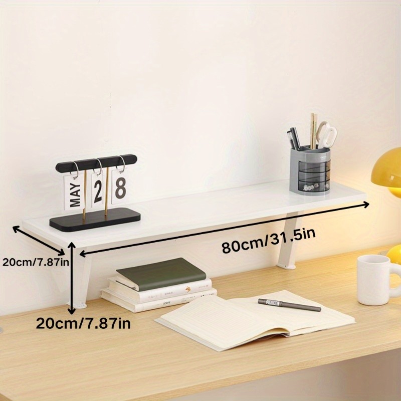1pc White Wooden Floating Desk Shelf – Rectangular No-Drill Countertop Organizer