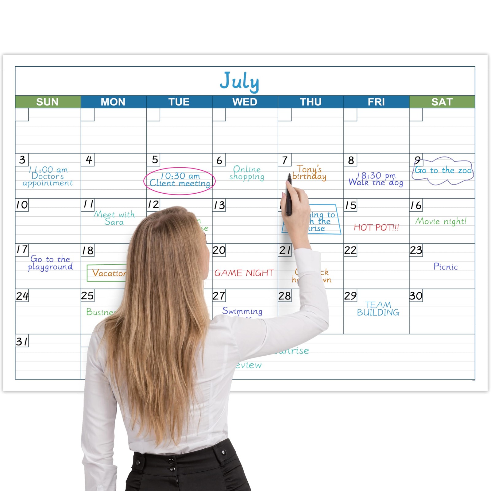 Large Dry Erase Calendar – Undated 1 Month 40″ x 28″, blue&white